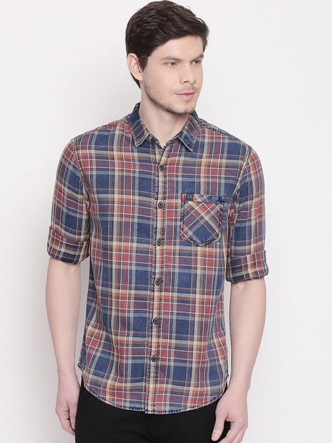 

Mufti Men Blue & Rust Slim Fit Checked Casual Shirt