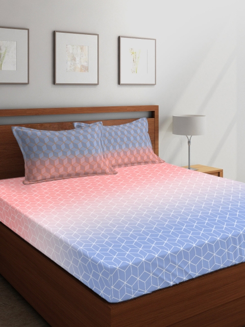 

Boutique Living India Blue & Pink Geometric 300 TC Cotton 1 King Bedsheet with 2 Pillow Covers