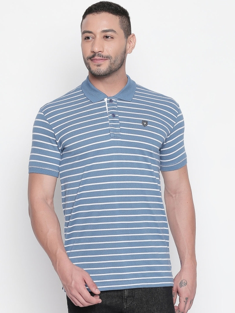 Mufti Men Blue Slim-Fit Striped Polo Collar T-shirt