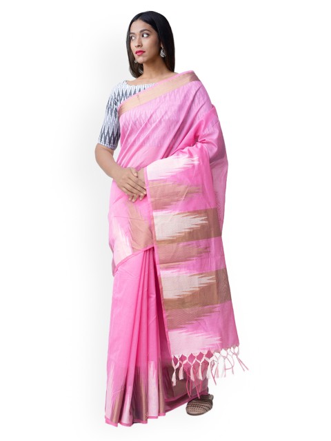 

Unnati Silks Pink Solid Silk Cotton Kanchi Sico Saree