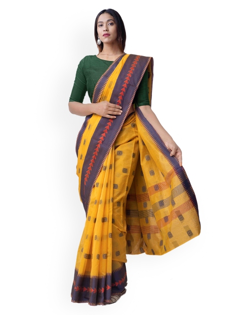 

Unnati Silks Yellow & Navy Blue Silk Cotton Woven Design Kanchi Sustainable Saree