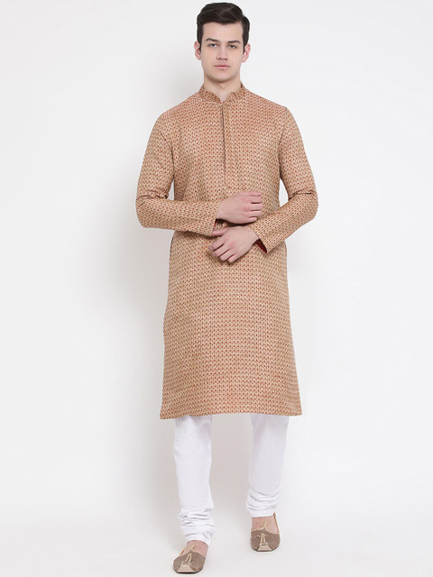 

NAMASKAR Men Red & Beige Self Design Kurta with Churidar