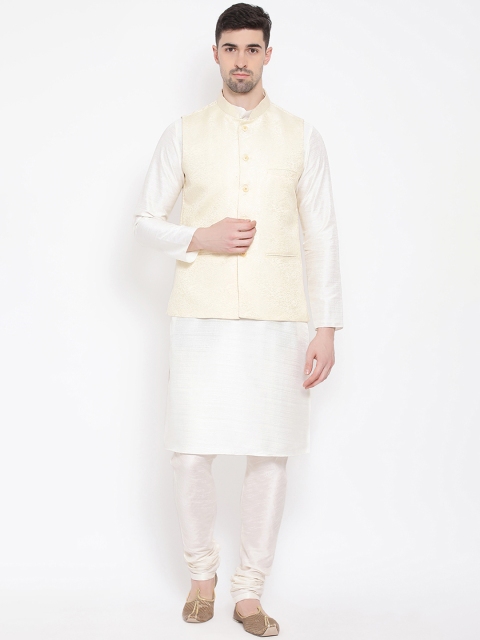 

NAMASKAR Men Off-White & Cream-Coloured Self Design Kurta with Churidar