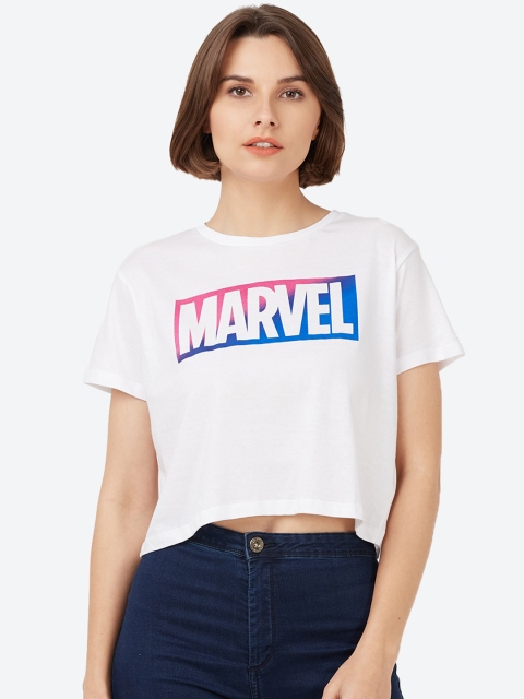 

Marvel Comics Women White & Blue Marvel Printed Round Neck T-shirt