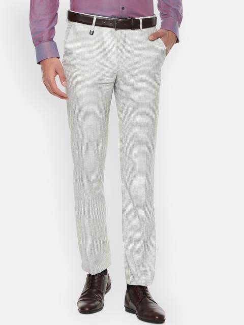 V Dot Men White Checked Slim Fit Formal Trousers