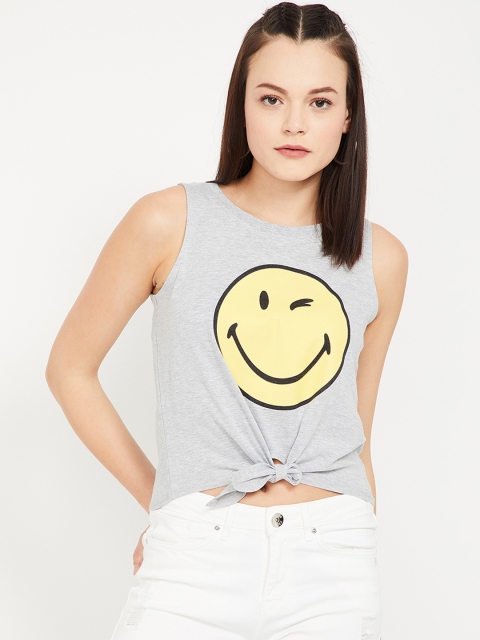 

Smiley World Women Grey Melange & Yellow Printed Round Neck T-shirt