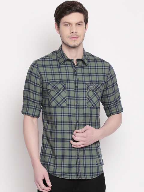 

Mufti Men Sea Green & Navy Blue Slim Fit Checked Casual Shirt