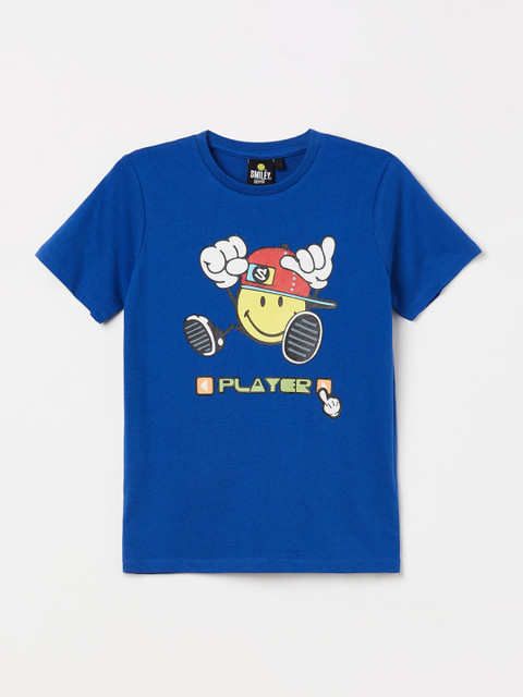 

Smiley World Boys Blue Printed Round Neck T-shirt