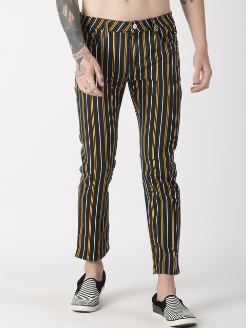 

Blue Saint Men Black & Yellow Slim Fit Striped Regular Trousers