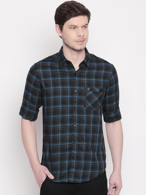 

Mufti Men Teal Blue & Black Slim Fit Checked Casual Shirt