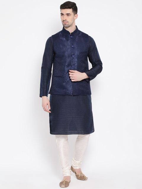 

NAMASKAR Men Navy Blue & Off-White Self Design Kurta with Churidar