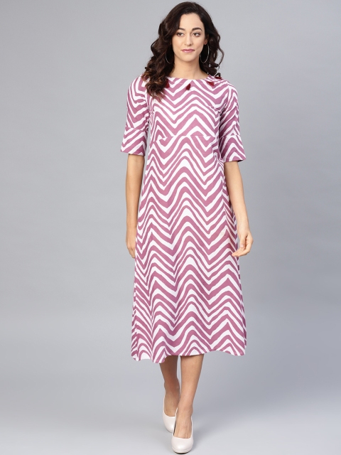 

Myshka Women Pink & White Printed Fit and Flare Dress