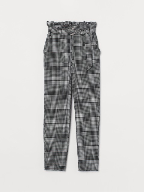 

H&M Woman White & Black Checked Belted Ankle-Length Trousers