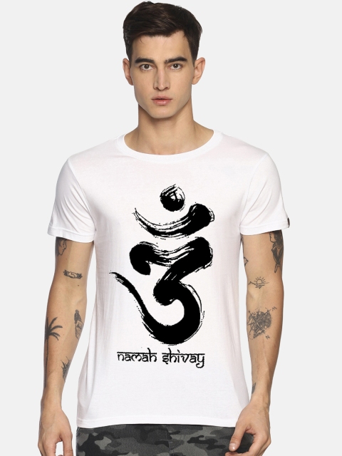 

Le Bison Men White Printed Round Neck T-shirt