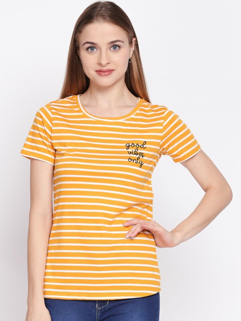 

Honey by Pantaloons Women Mustard Yellow & White Striped Round Neck T-shirt