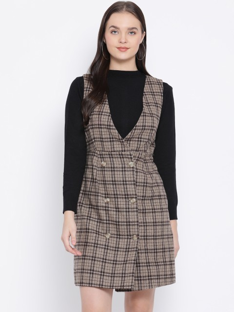 

Oxolloxo Women Brown & Black Checked A-Line Tux Dress