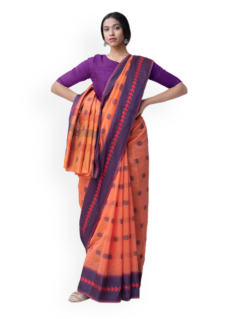 

Unnati Silks Peach-Coloured & Navy Blue Kanchi Sico Woven Design Saree