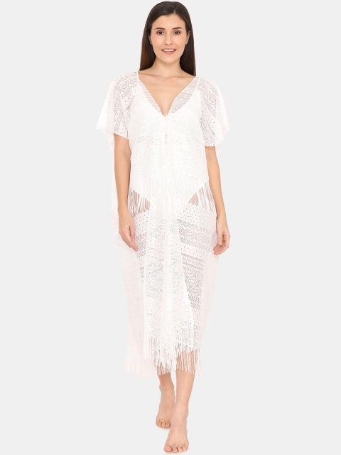 

Zivame Women White Mesh Lace Kaftan Coverup Dress