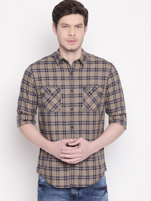 

Mufti Men Beige & Blue Slim Fit Checked Casual Shirt