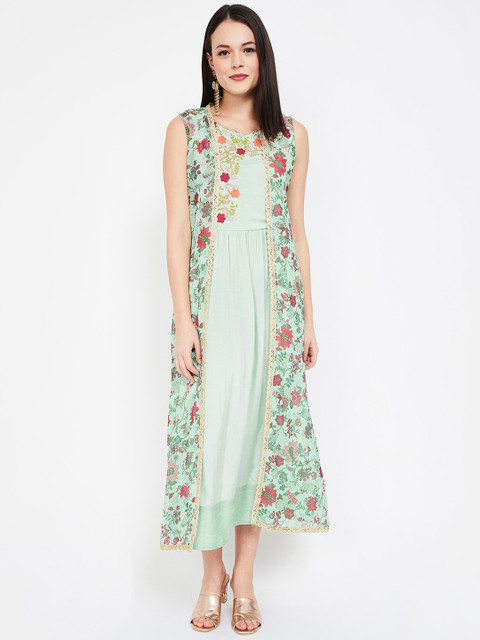 

Colour Me by Melange Women Green Floral Printed Fit and Flare Dress