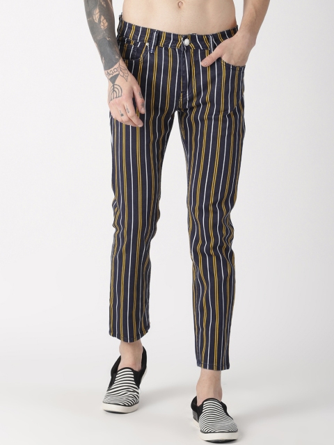 

Blue Saint Men Navy Blue & Yellow Slim Fit Striped Regular Trousers