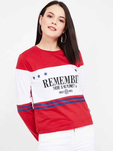 

Smiley World Women Red & White Colourblocked Sweatshirt