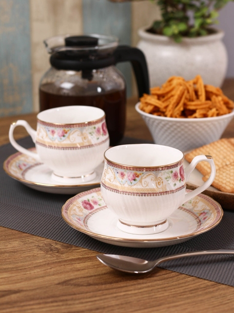

CLAY CRAFT White & Gold-Toned Set of 6 Cups and Saucers Set