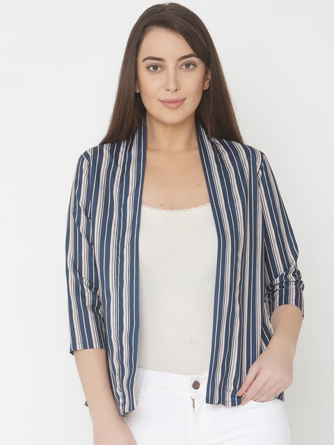 

Smarty Pants Women Blue & White Striped Lightweight Open Front Jacket