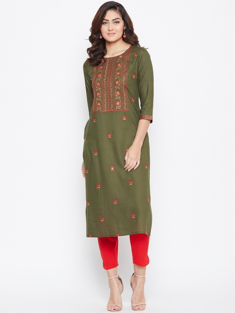 

Prakhya Women Olive Green Embroidered Straight Kurta