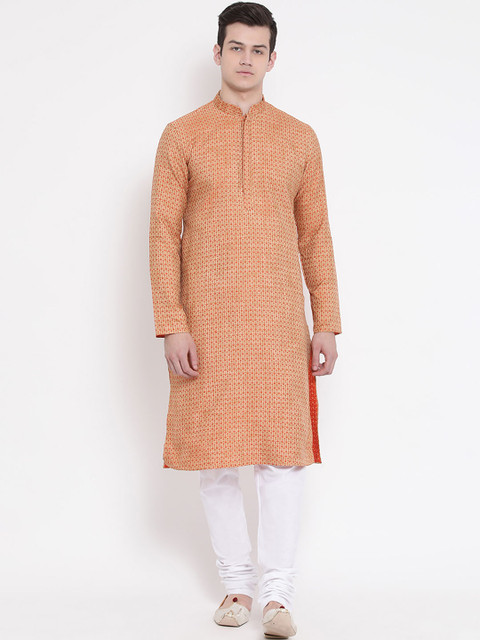 

NAMASKAR Men Orange & White Self Design Kurta with Churidar