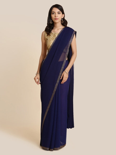 

Koskii Navy Blue Solid Poly Chiffon Saree With Embellishments