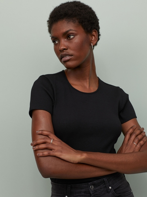 

H&M Women Black Solid Ribbed T-Shirt
