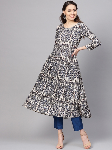 

Myshka Women Cream-Coloured & Navy Blue Printed A-Line Kurta