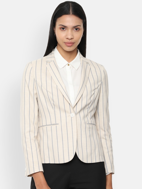 

Van Heusen Woman Beige & Blue Striped Single-Breasted Formal Blazer