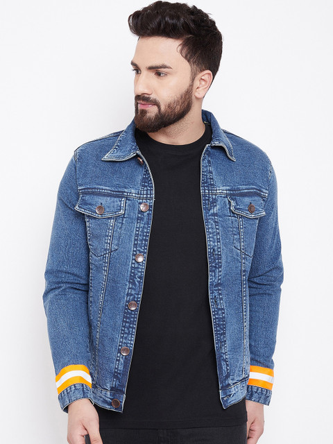 

FUGAZEE Men Blue Striped Reflective Strip Denim Jacket