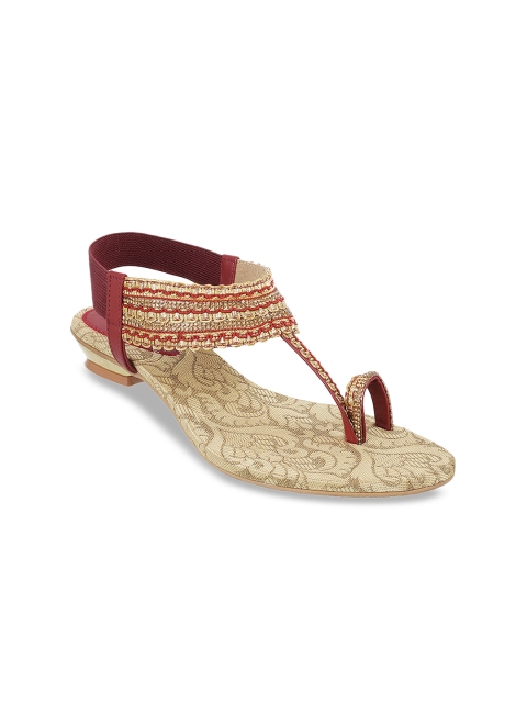 Metro Women Maroon & Gold-Toned Woven Design Sandals