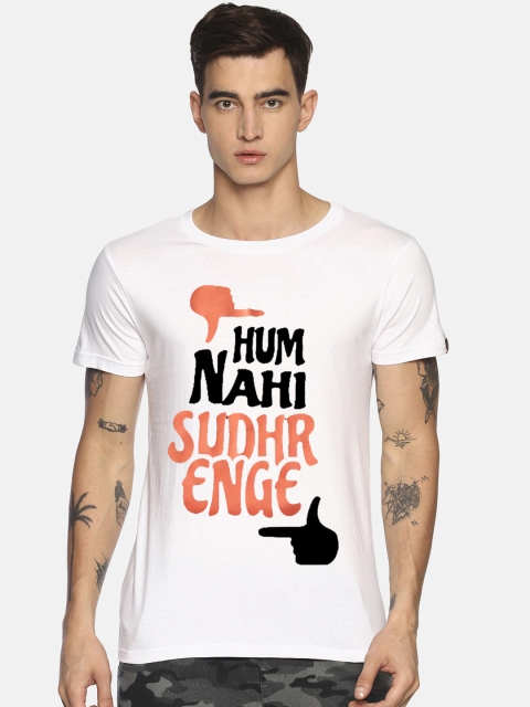

Le Bison Men White Printed Round Neck T-shirt