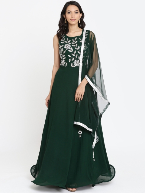 

Koskii Women Teal Green Embellished Maxi Dress with Dupatta