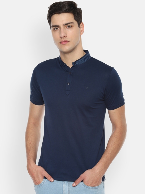 

V Dot Men Navy Blue Solid Slim Fit Mandarin Collar Pure Cotton T-shirt