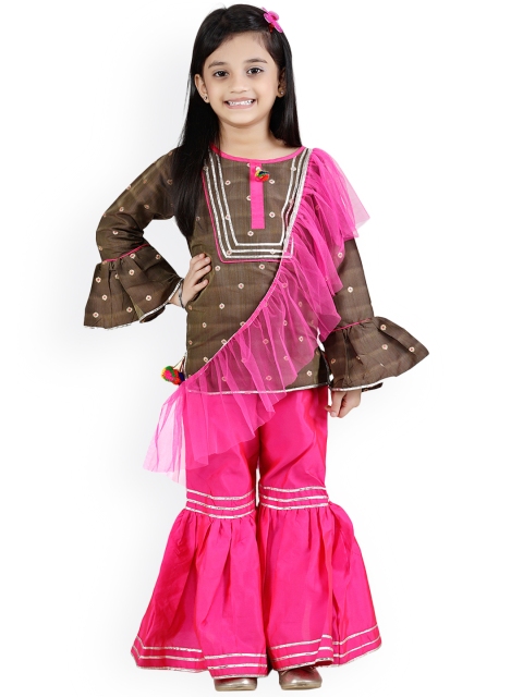 

LilPicks Girls Brown & Pink Printed Kurta with Sharara & Dupatta