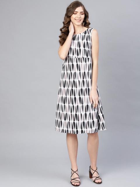 

Myshka Women White & Grey Printed A-Line Dress
