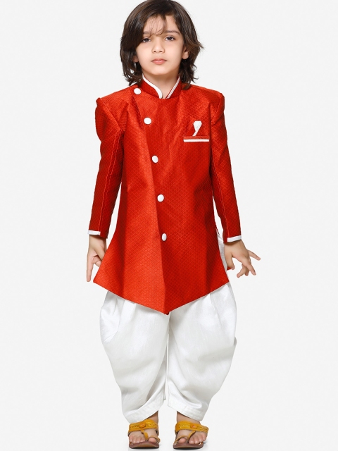 

Kidling Boys Red & White Woven Design Sherwani Set