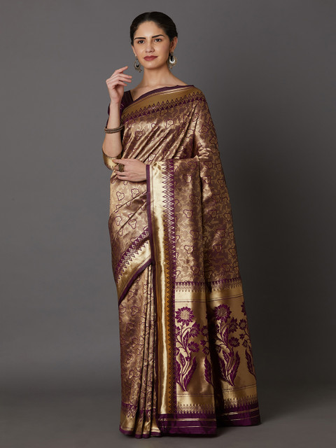 

Mitera Burgundy & Gold-Toned Silk Blend Woven Design Kanjeevaram Saree