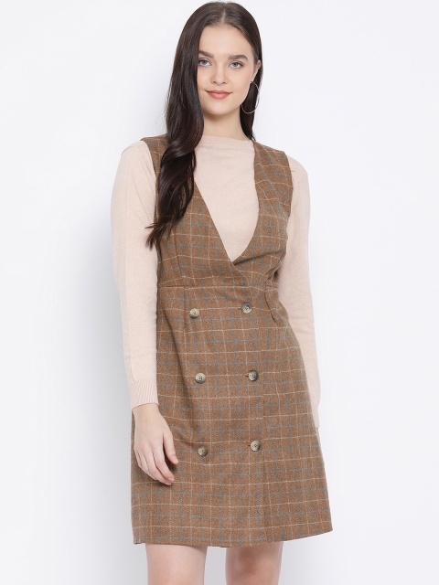 

Oxolloxo Women Camel Brown & Blue Checked Tux Dress