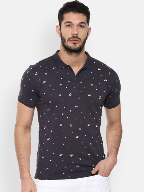

V Dot Men Navy Blue & White Printed Polo Collar T-shirt