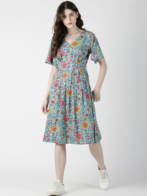 AARA Women Blue Printed Fit and Flare Dress