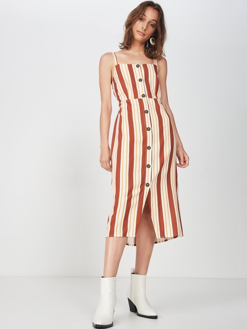 

COTTON ON Women Beige & Maroon Candy Stripe A-Line Dress