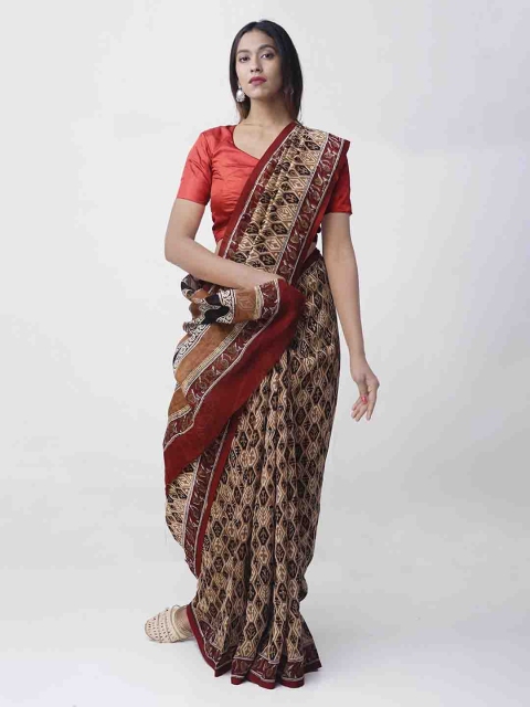 

Unnati Silks Maroon & Beige Silk Cotton Printed Chanderi Sustainable Saree
