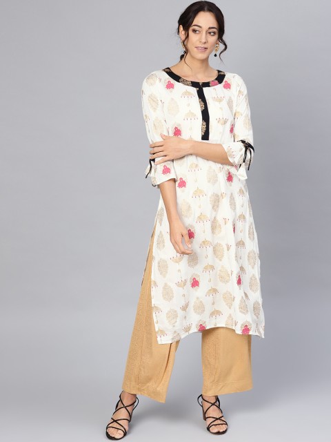 

Myshka Women White & Gold-Toned Umbrella Printed Straight Kurta