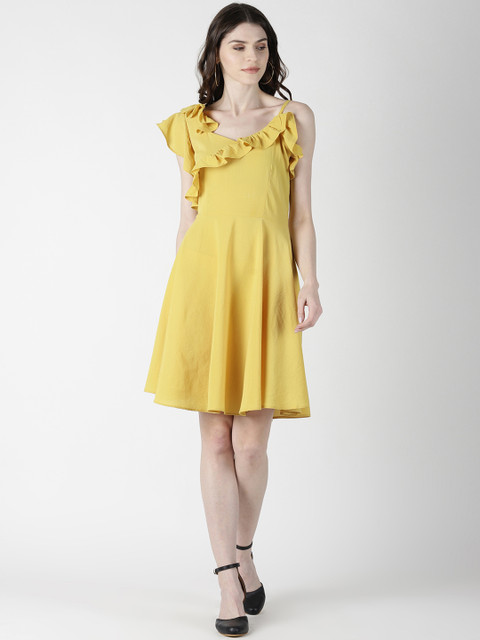 

AARA Women Yellow Solid A-Line Ruffle Dress